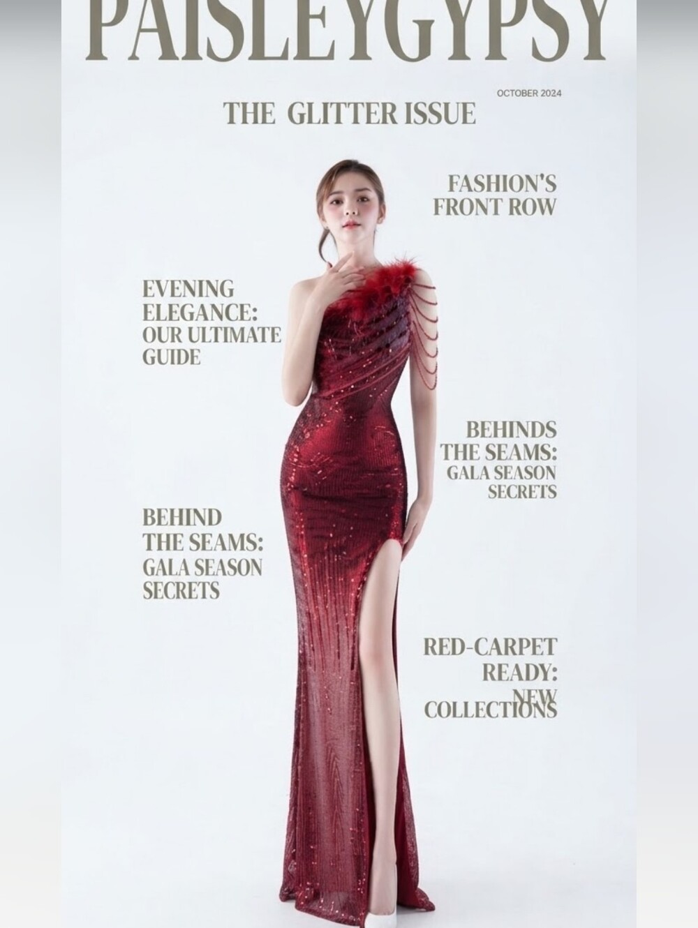 Crimson, One Shoulder Beaded,  Feather Neckline,  Sleeveless,  Sequined Gown